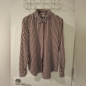 H&M Women's Brown and White Striped Button-down Shirt with Gold Accents (Size 6)